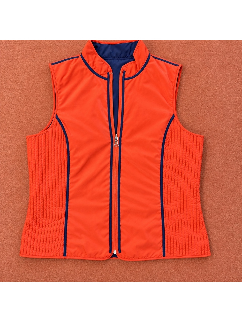 Mens Reversible Preppy Equestrian Vest Sz L Orange Navy Crew Collar Slit Pockets